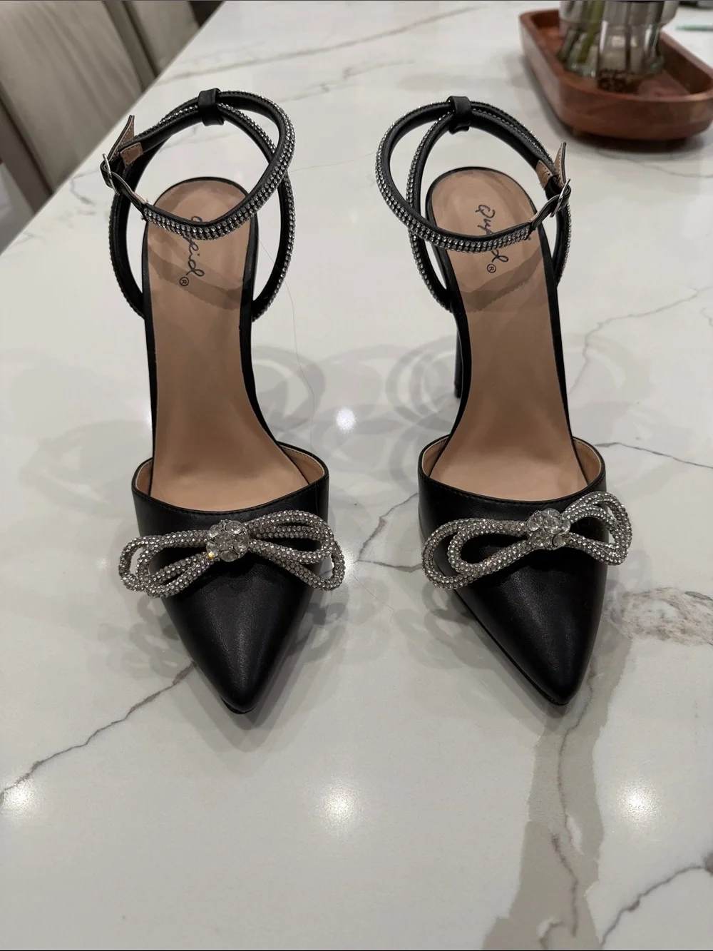 Qupid Black New Pointed-Toe Ankle-Strap Heels with Crystal Bow